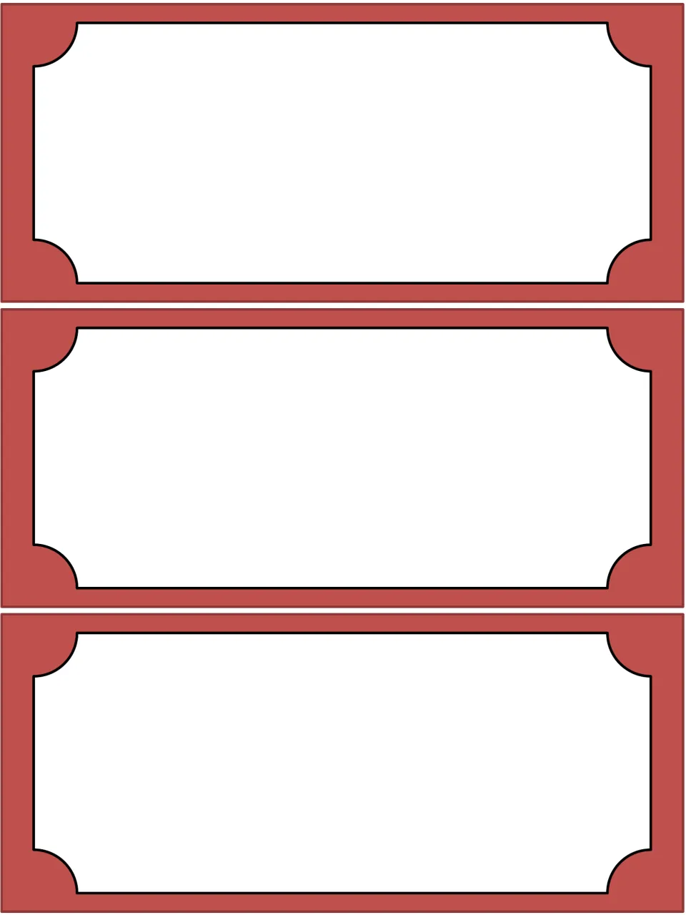 Three blank red admission tickets with no problem text, ready for writing new theme park word problems