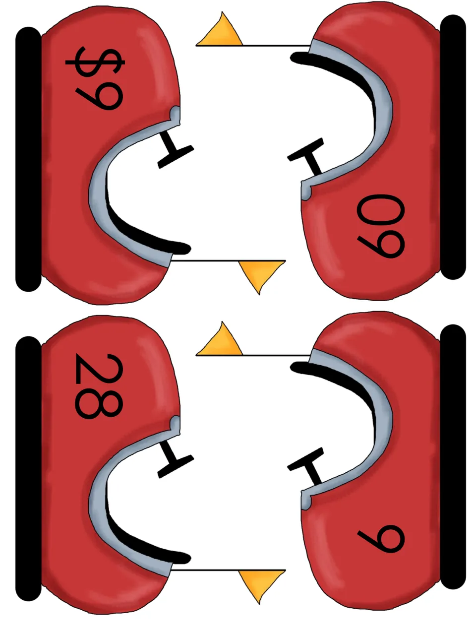 Ride cars for matching: four red roller coaster cars labeled $9, 60, 28 and 6 that students pair with problem tickets