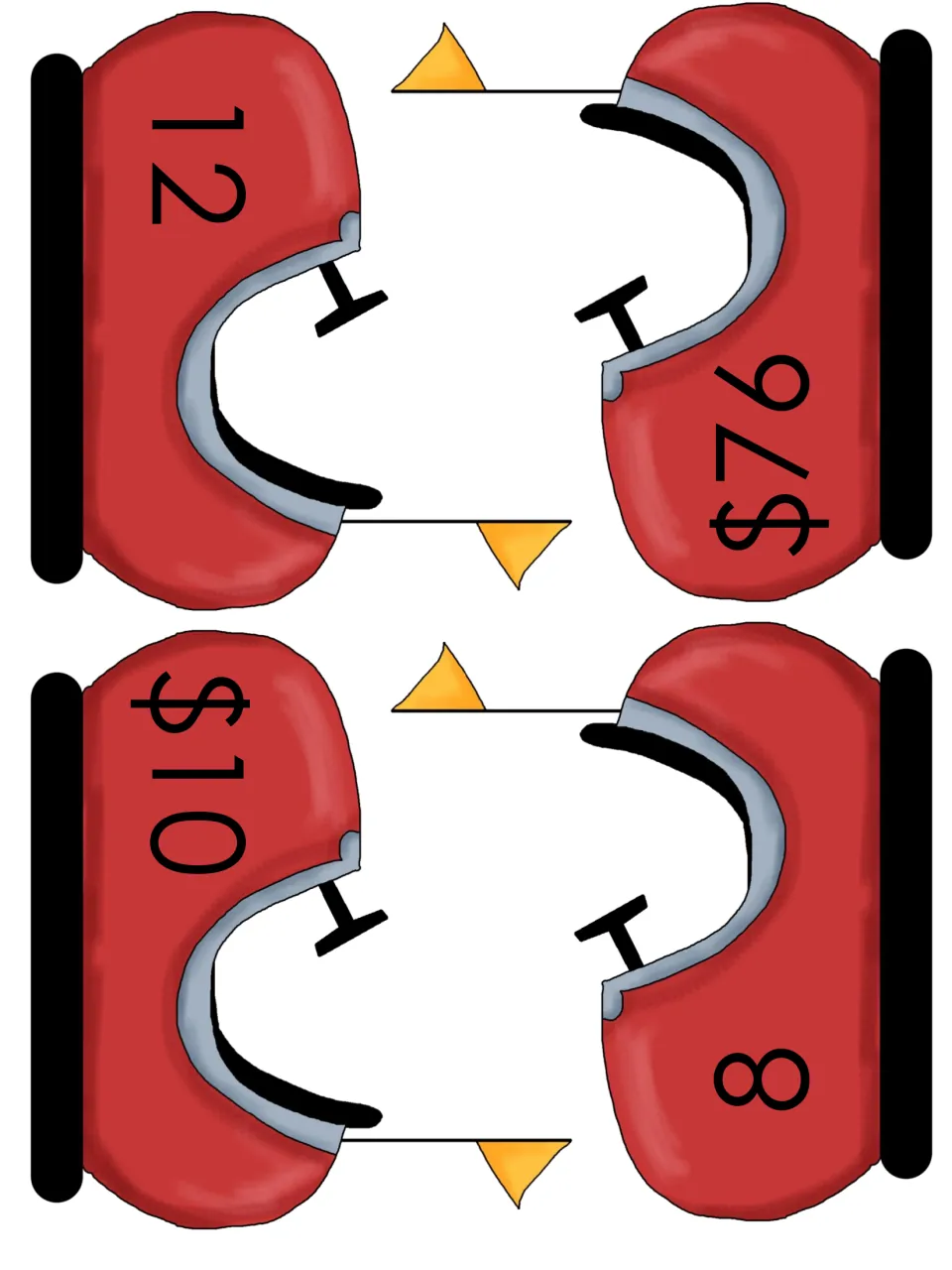 More roller coaster ride cars labeled 12, $76, $10 and 8, used as answer choices when matching each ticket to a ride