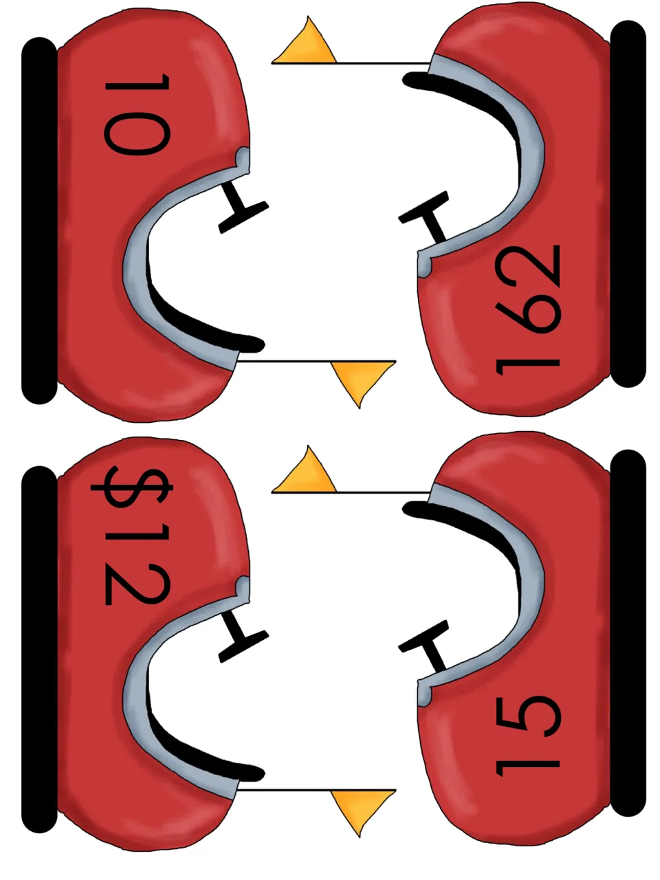 Last ride cars for matching, labeled 10, 162, $12 and 15, which students pair with the remaining word problem tickets