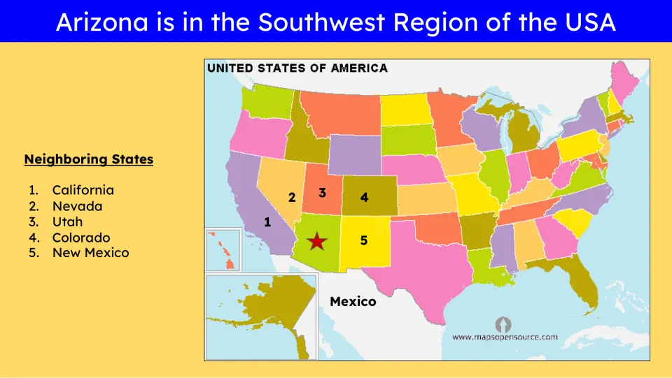 Geography slide locating Arizona on a U.S. map and naming California, Nevada, Utah, Colorado, and New Mexico