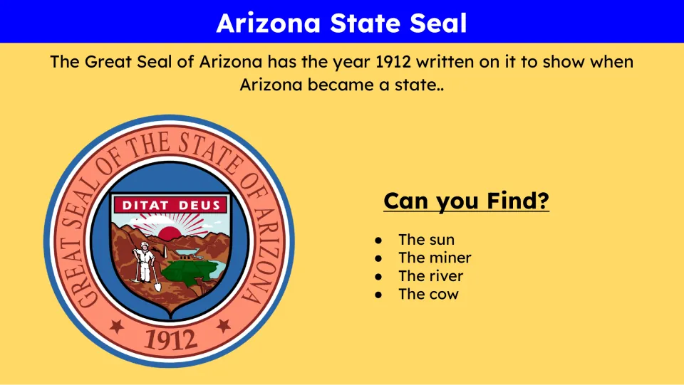 State seal slide explaining the year 1912 and asking students to find the sun, miner, river, and cow