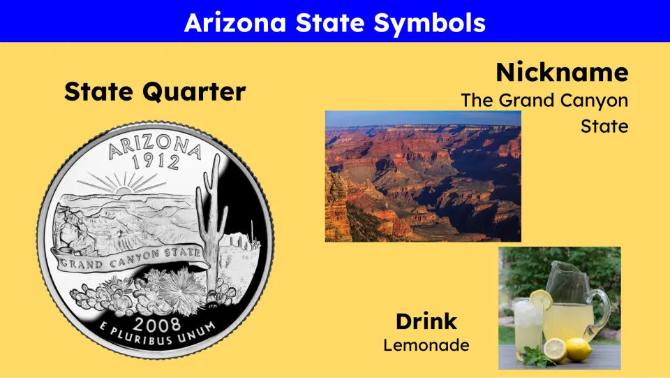 State symbols slide showing Arizona's quarter, the Grand Canyon State nickname, and lemonade as its drink