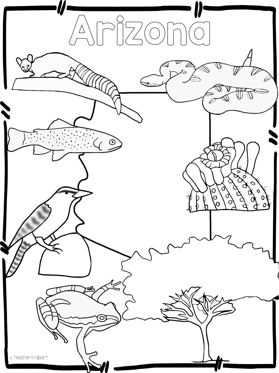 Arizona state symbols clip art in black and white: ringtail, rattlesnake, trout, bird, tree frog, cactus and tree