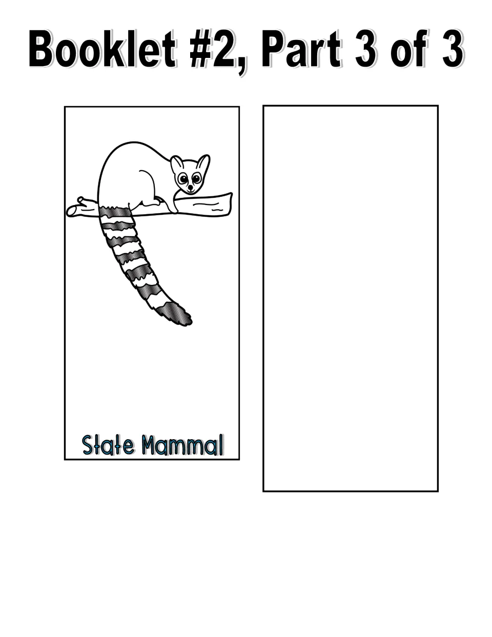 Booklet with black-and-white images, part 3 of 3: State Mammal piece showing a ringtail and an extra blank piece