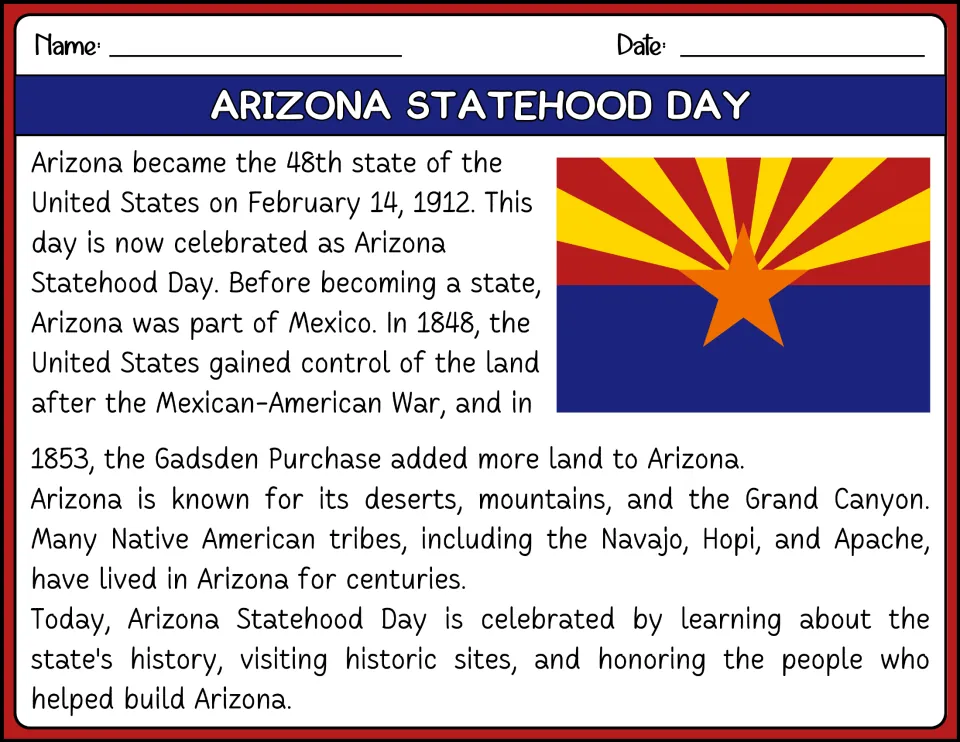 Color reading passage about Arizona becoming the 48th state on February 14, 1912, its history and geography