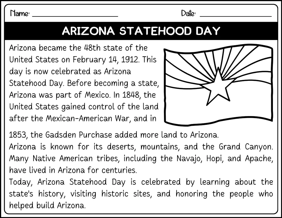Black-and-white reading passage about Arizona statehood, its history, Native American tribes, and geography