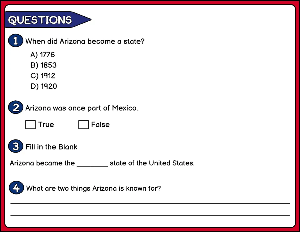 Color questions 1–4 check Arizona's statehood year, its connection to Mexico, state number, and landmarks