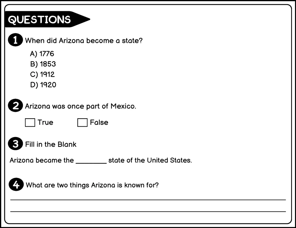 Black-and-white questions 1–4 ask about Arizona's statehood year, Mexico, its state number, and famous features