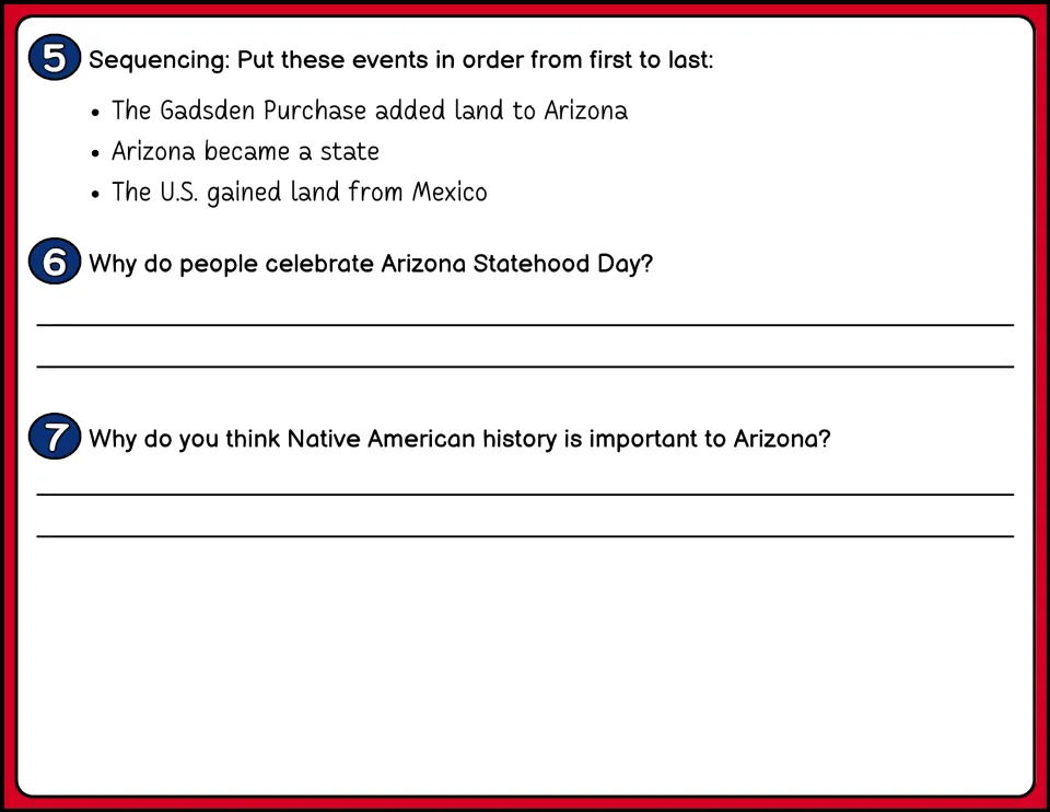Color questions 5–7 cover sequencing Arizona history, reasons for celebrating, and Native American history