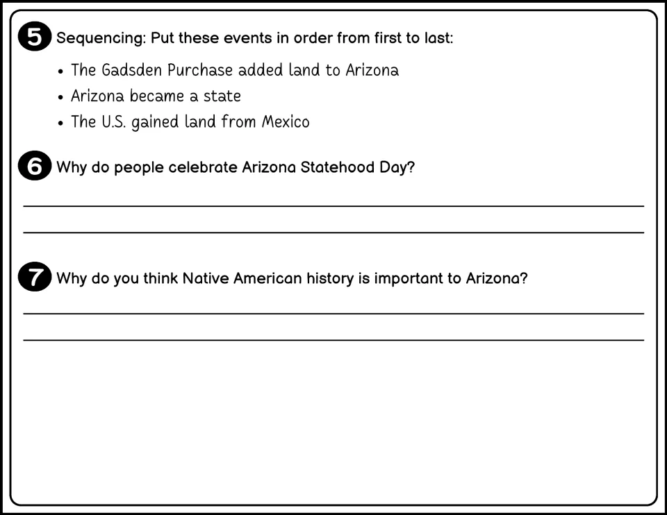 Black-and-white questions 5–7 ask for event order and reasons to honor statehood and Native American history