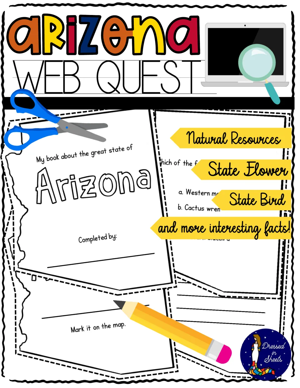 Arizona WebQuest Printable Book cover showing state-shaped cut-out pages on natural resources, state flower and state bird