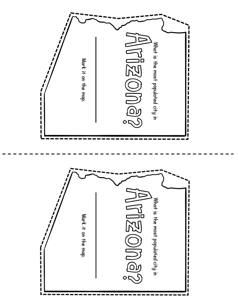 Arizona-shaped booklet page asking for the most populated city: students research, write the city and mark it on the map