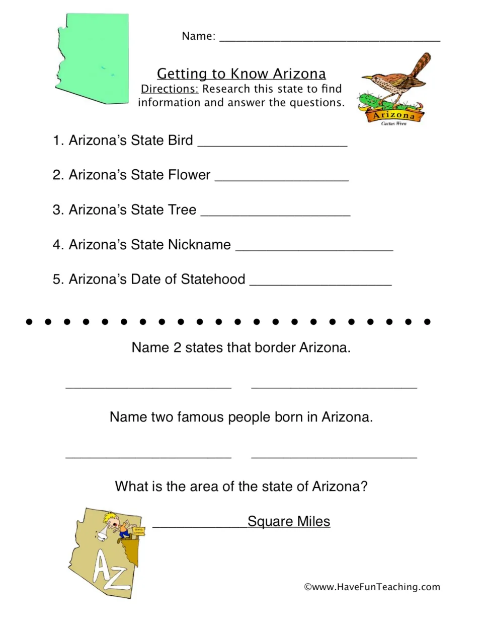 Getting to Know Arizona: students research the state bird, flower, tree, nickname, statehood date, border states and area