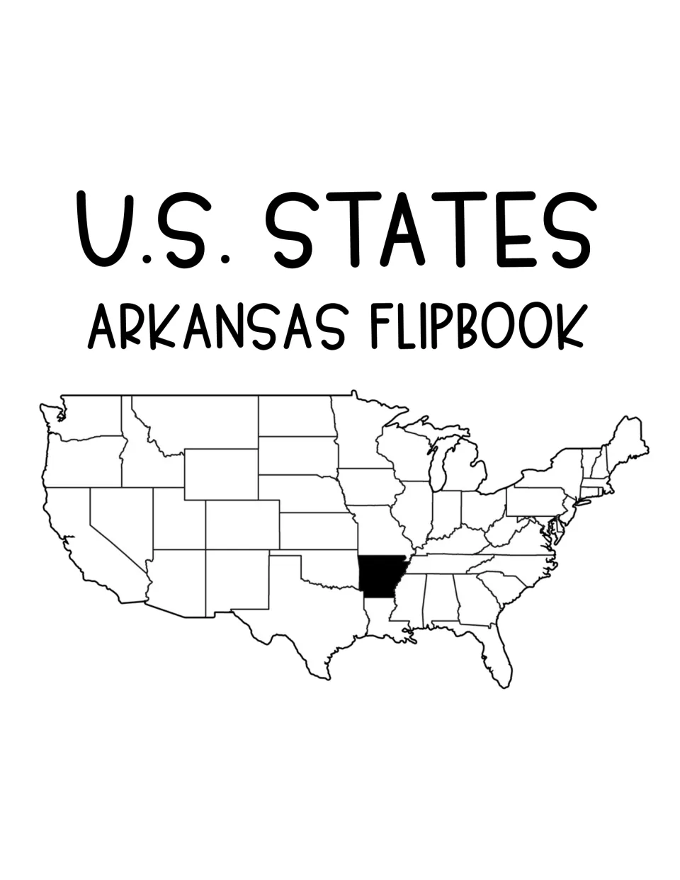 U.S. States Arkansas Flipbook cover showing an outline map of the United States with Arkansas shaded in black