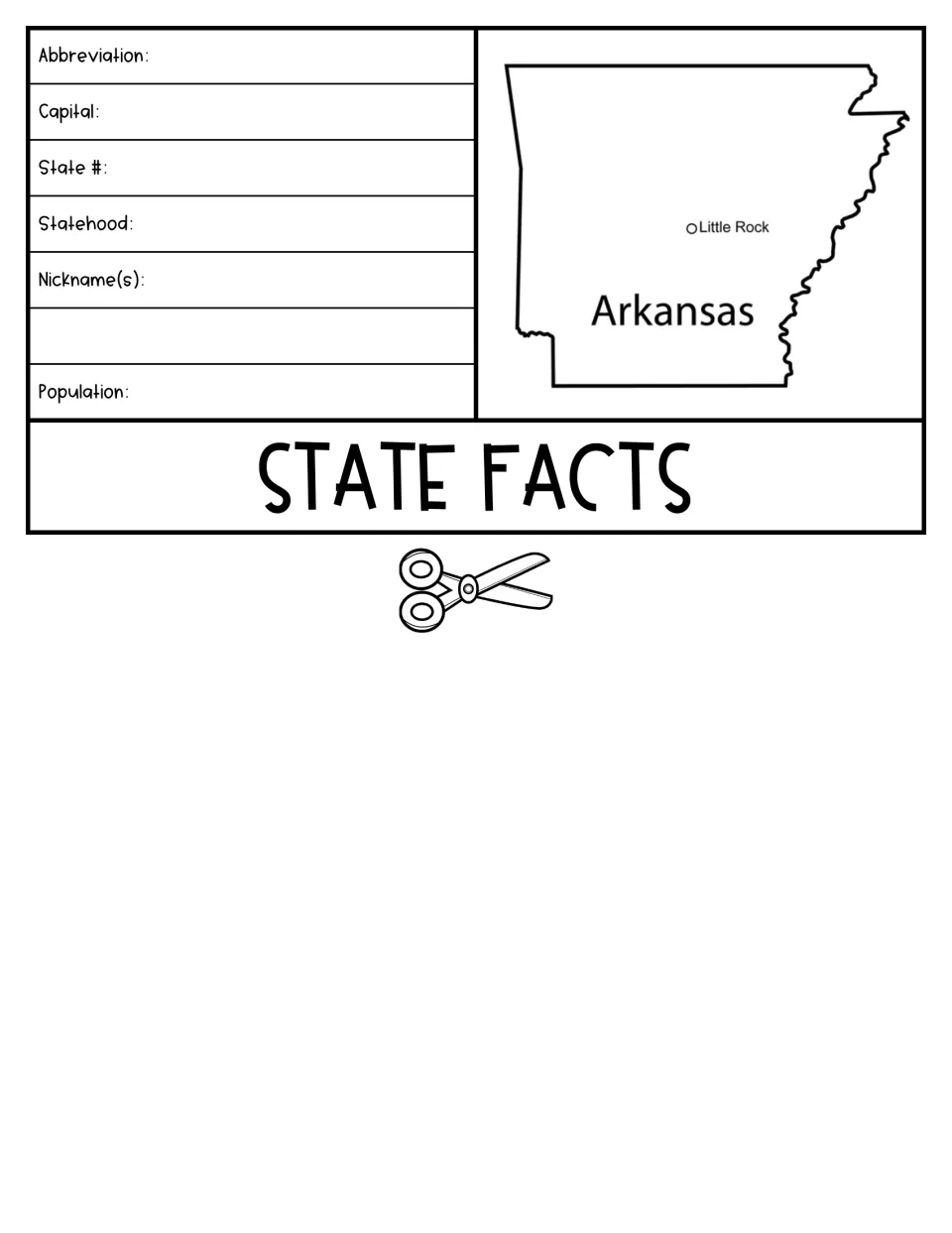 State facts flap: students record Arkansas abbreviation, capital, state number, statehood, nicknames and population