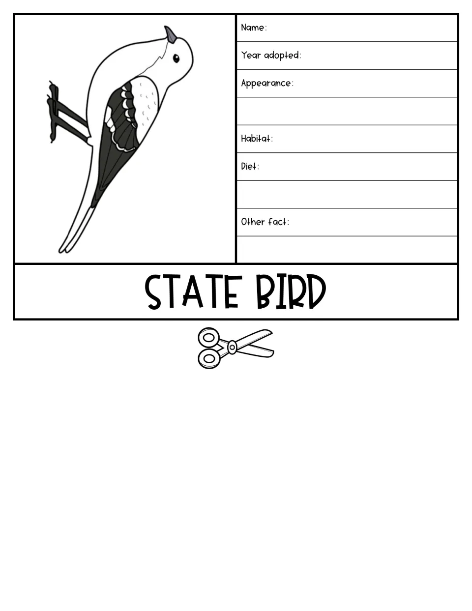 State bird flap with a bird drawing; students note its name, year adopted, appearance, habitat, diet and another fact
