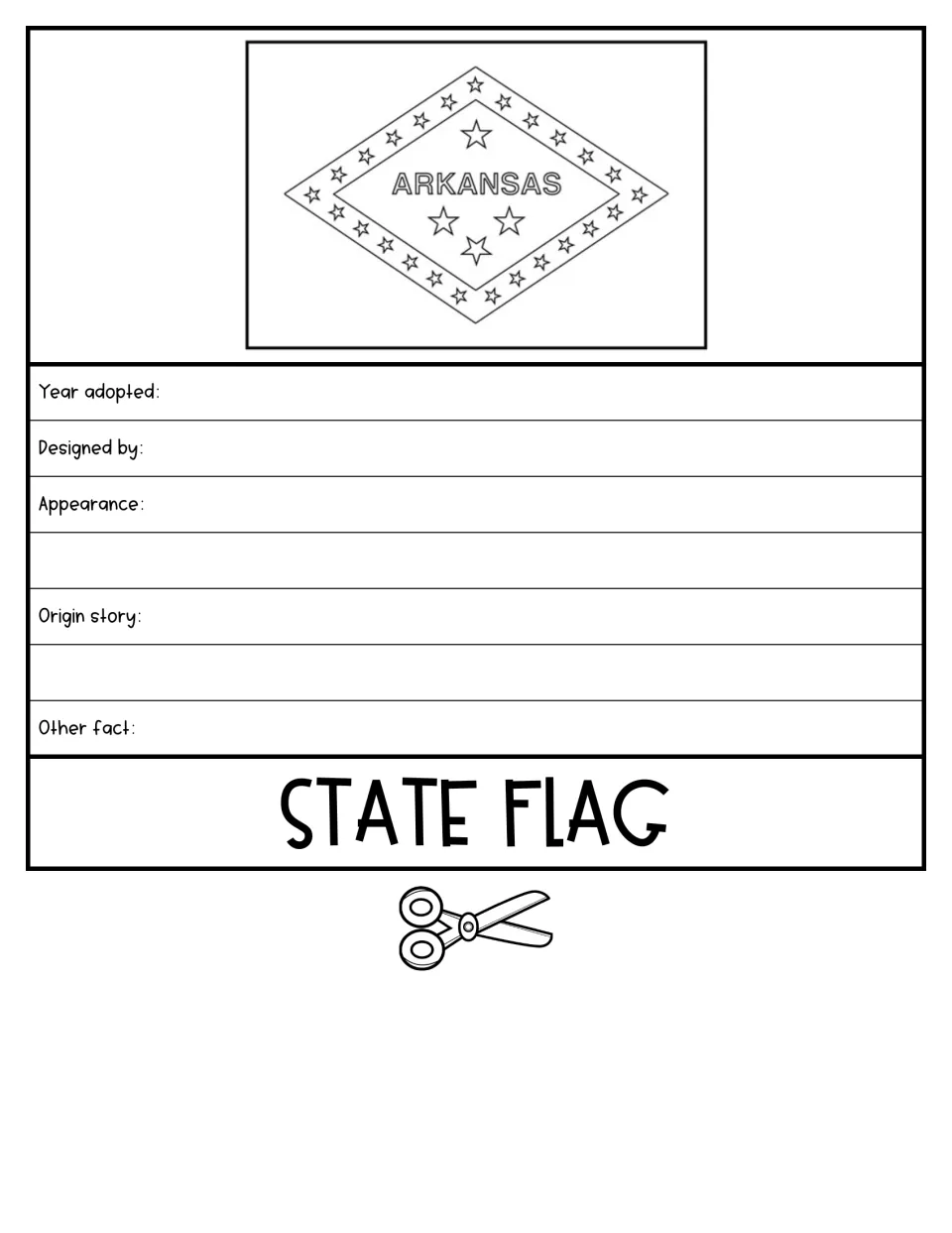 State flag flap showing the Arkansas flag diamond with stars; students record year adopted, designer and origin story
