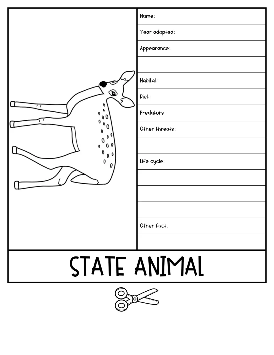 State animal flap with a deer drawing; students note habitat, diet, predators, other threats, life cycle and a fact