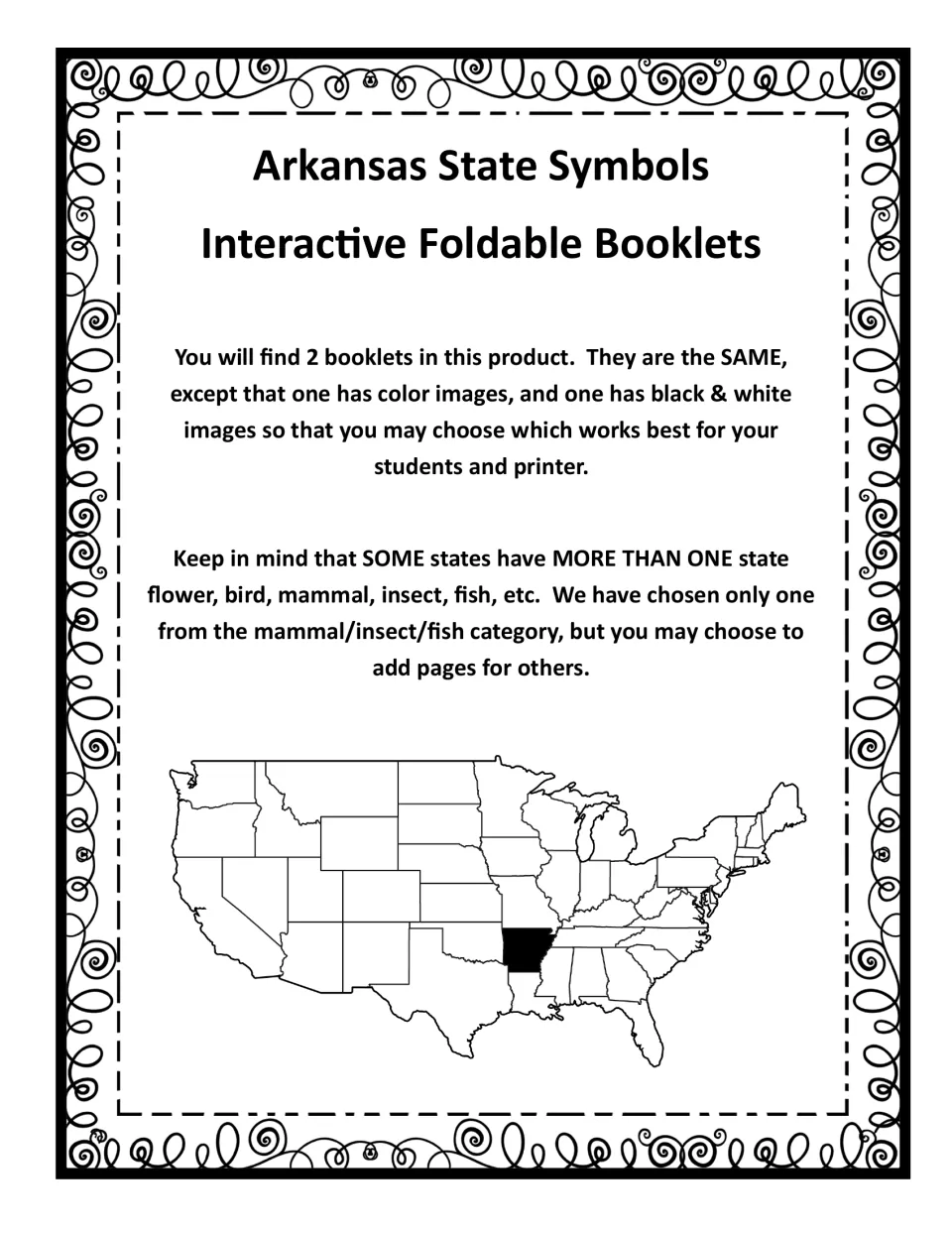 Product note: two identical booklets, one in color and one black and white, with a U.S. map shading Arkansas