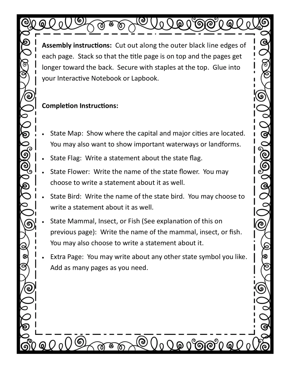 Assembly and completion steps: cut, stack and staple pages, then mark cities on the map and write about each state symbol