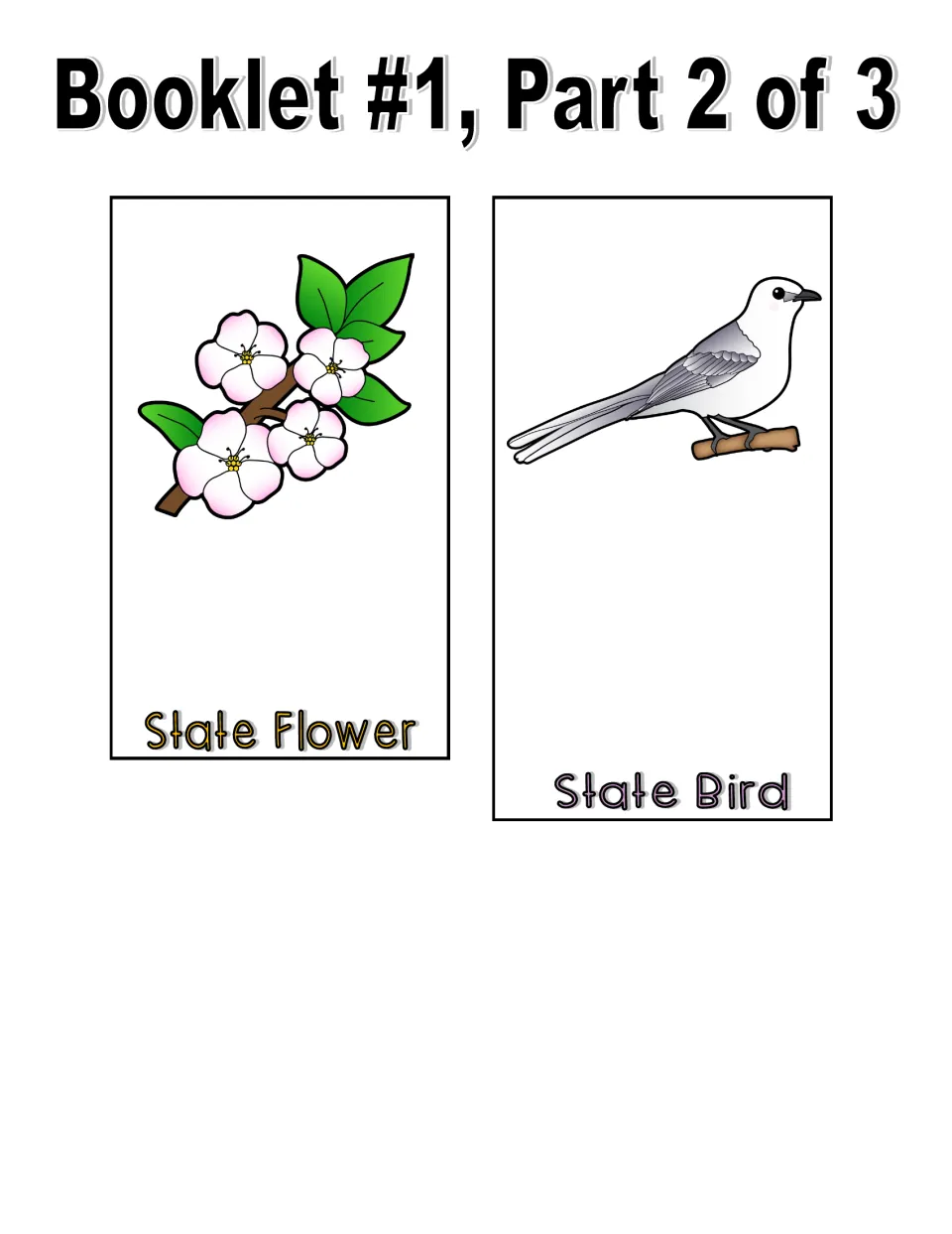 Color booklet 1, part 2 of 3: cut-out State Flower page with a pink blossom branch and State Bird page with a gray bird