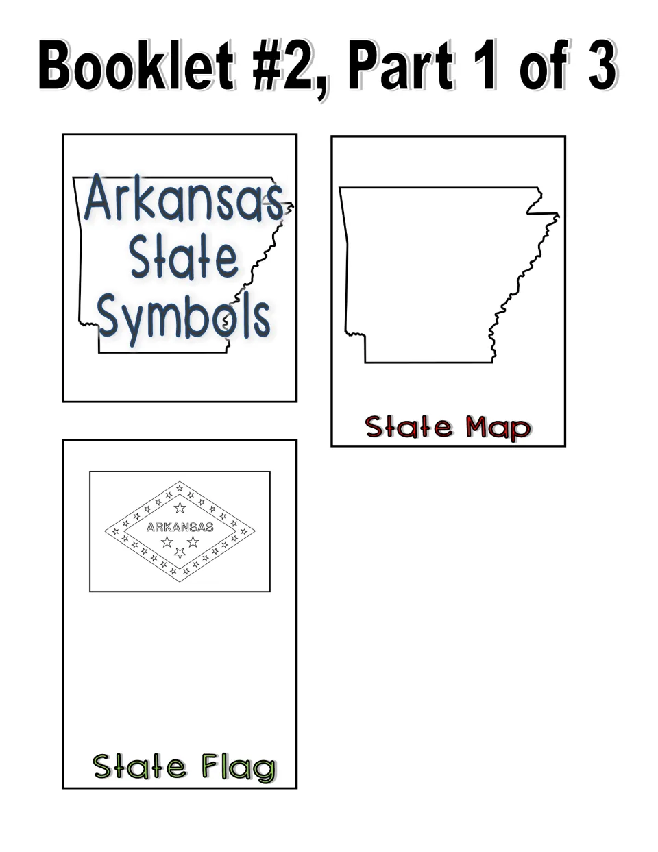 Black-and-white booklet 2, part 1 of 3: cut-out title page, outline state map and flag page that students can color