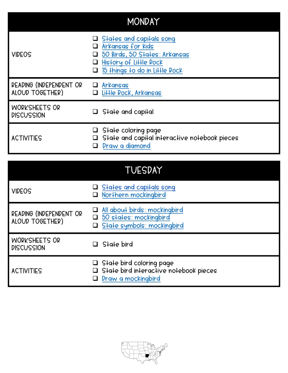 Monday and Tuesday plans: Little Rock capital and mockingbird videos, readings, worksheets, coloring and drawing tasks