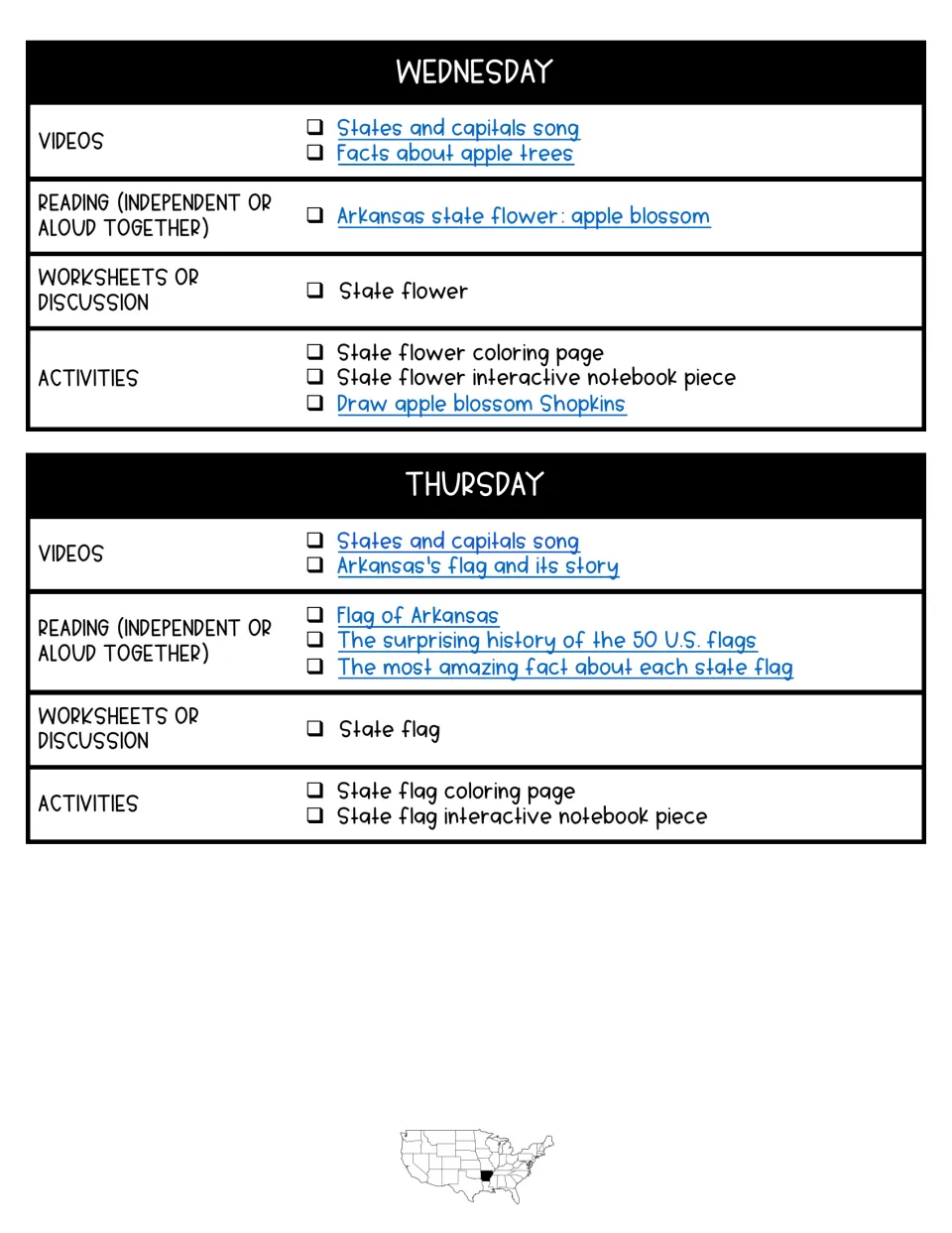 Wednesday and Thursday plans: apple blossom flower and Arkansas flag videos, readings, worksheets and coloring pages
