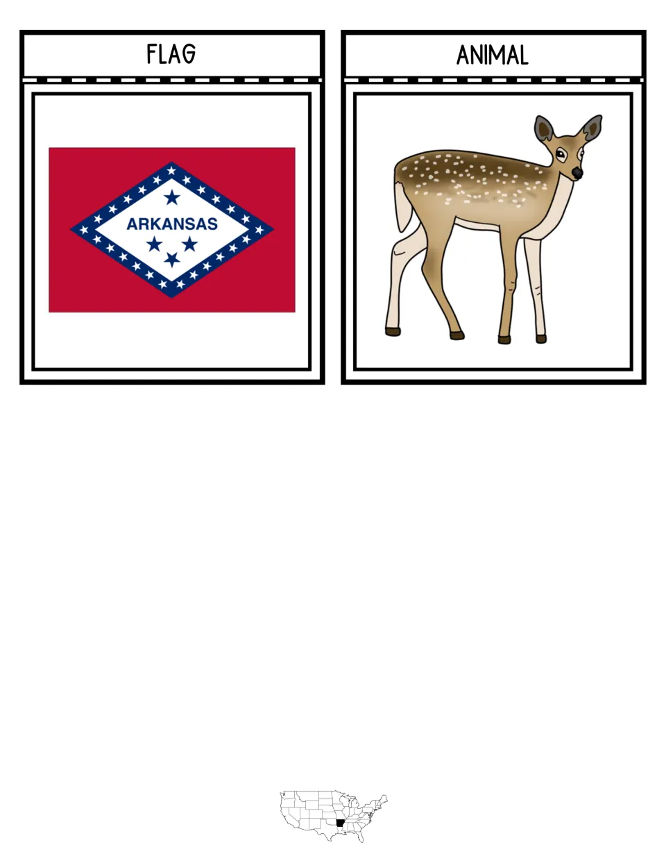 Notebook flaps for flag and animal: red Arkansas flag with blue-bordered diamond and a spotted white-tailed deer fawn