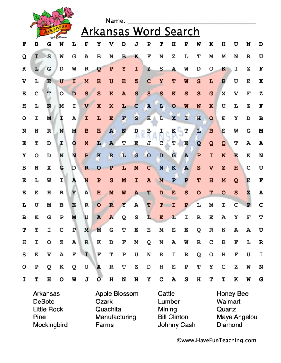 Arkansas word search featuring 20 terms, including Little Rock, Apple Blossom, Bill Clinton, and Johnny Cash.