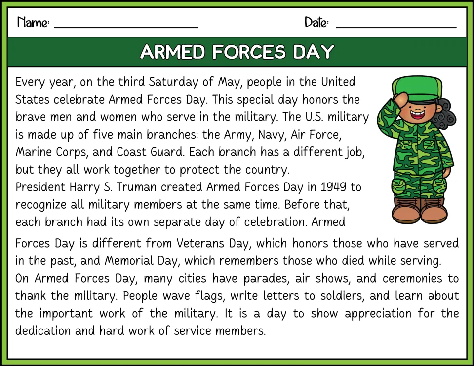 Armed Forces Day reading passage in color: students read about the five military branches, Truman's 1949 start and parades
