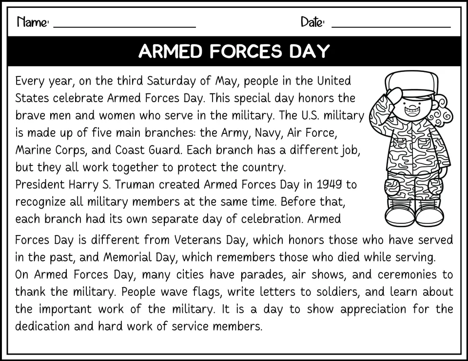 Black-and-white Armed Forces Day passage: third Saturday of May, five branches, and how it differs from Veterans Day