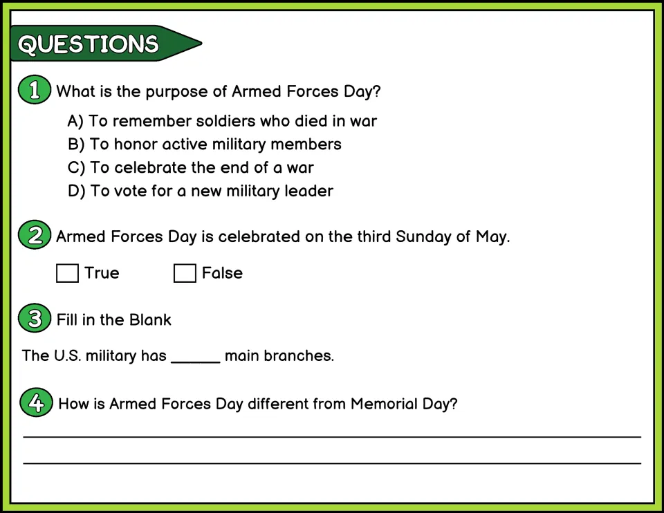 Armed Forces Day questions 1-4 in color: multiple choice, true/false, fill in the blank and a short answer on Memorial Day