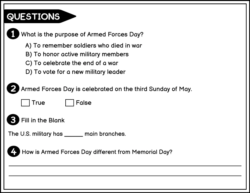 Printer-friendly questions 1-4: holiday purpose, a true/false date check, number of branches and a Memorial Day contrast