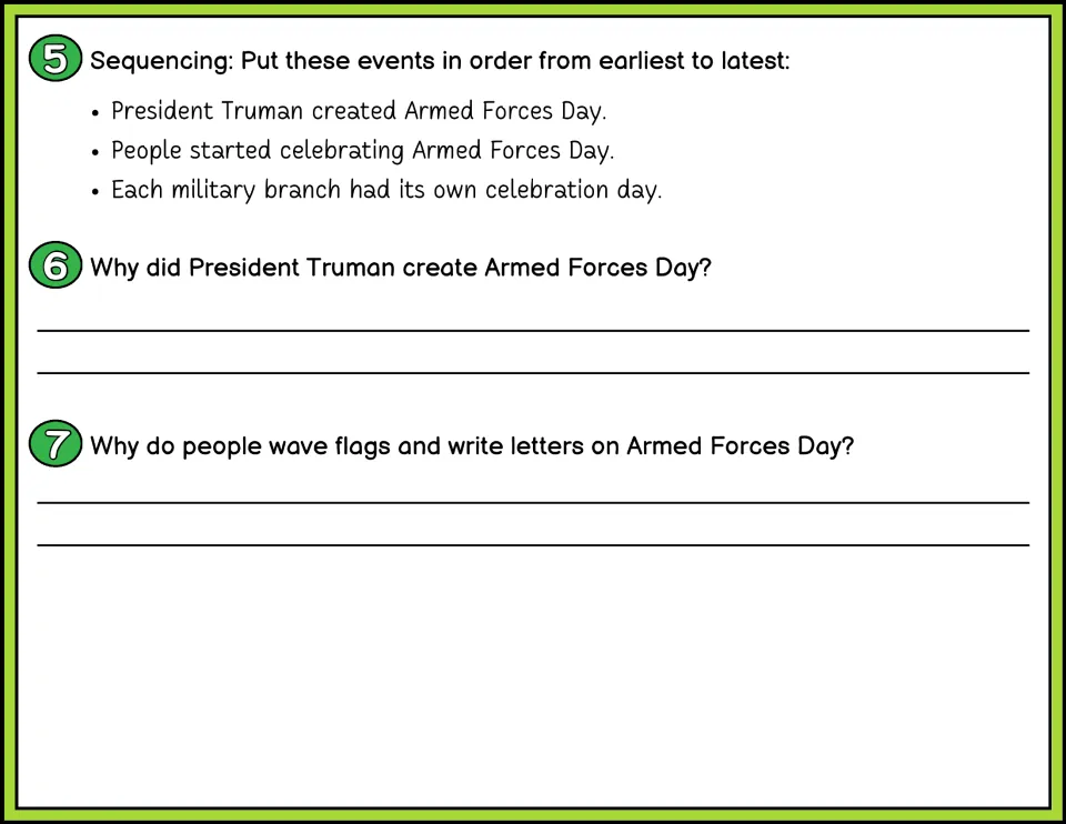Armed Forces Day questions 5-7 in color: sequence three events, then write why Truman made the day and why flags wave