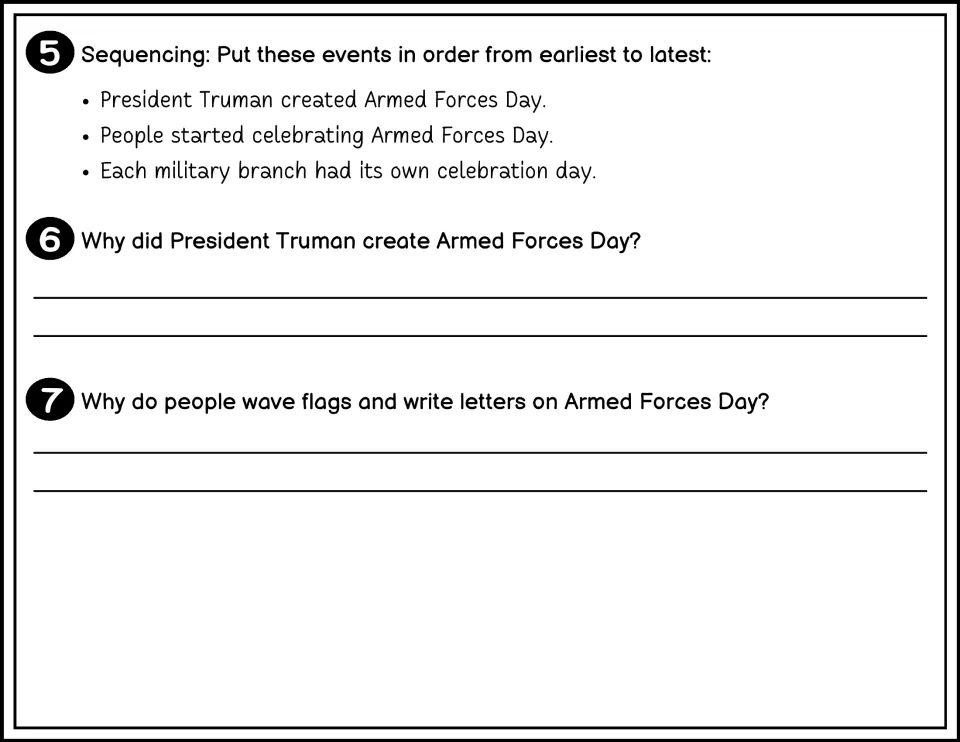 Black-and-white questions 5-7: ordering events from earliest to latest plus two written responses about Truman and letters