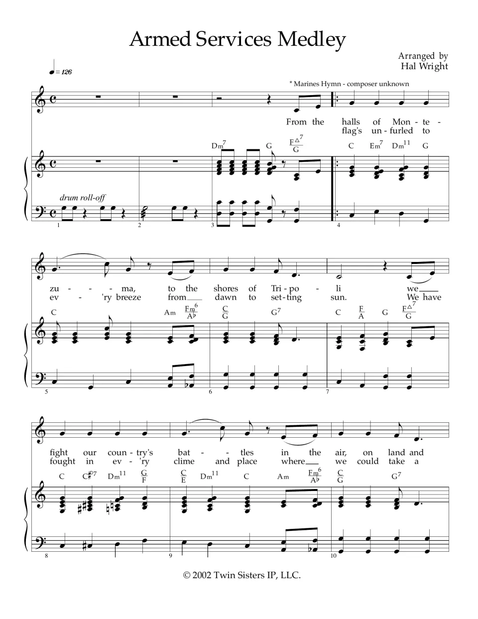 Marines' Hymn opens the medley: vocal line with two lyric verses, piano part and chord symbols, bars 1-10 at 126 bpm