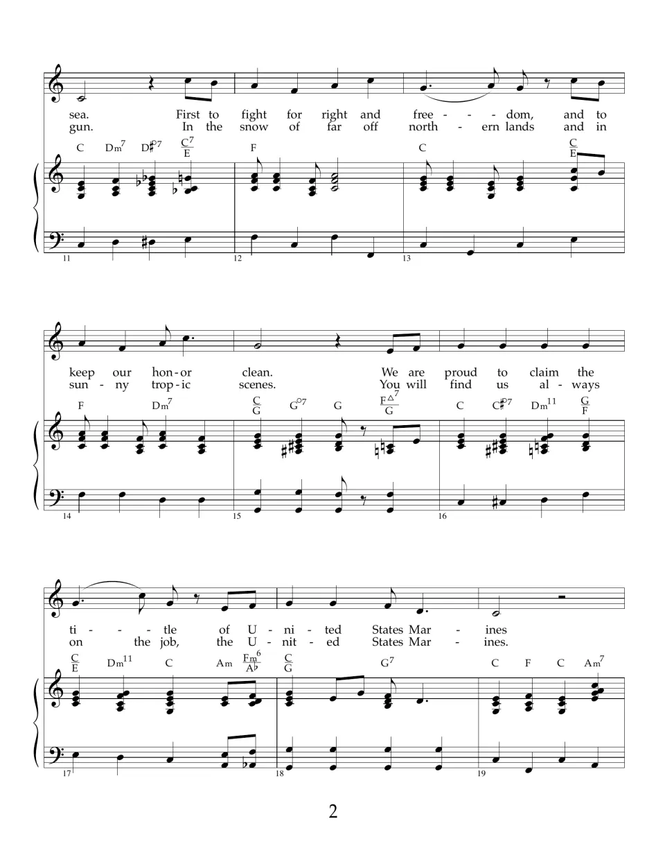 Marines' Hymn continued, bars 11-19: lyrics run from "First to fight for right and freedom" to "United States Marines"