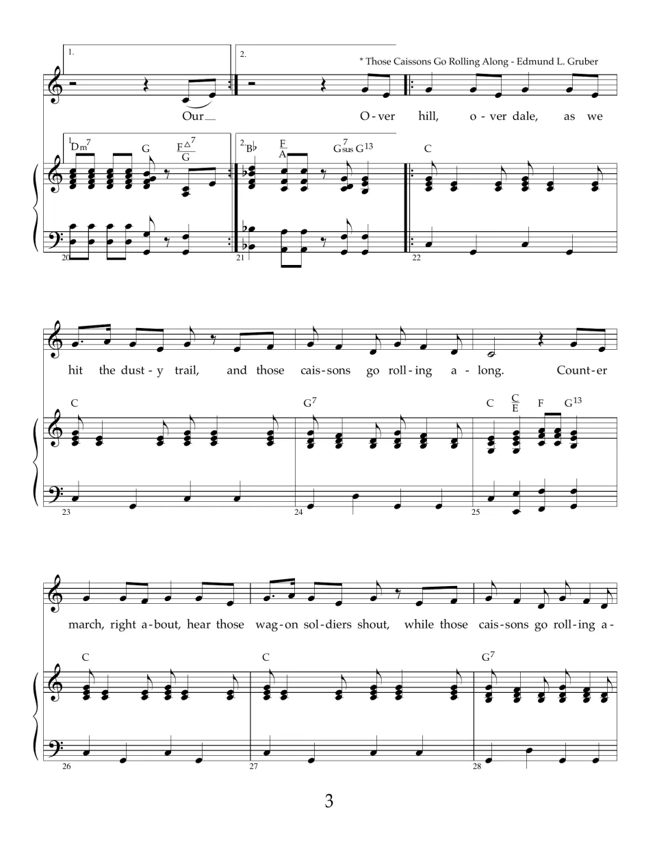 Those Caissons Go Rolling Along begins at bar 22: voice and piano parts for "Over hill, over dale" with chord symbols