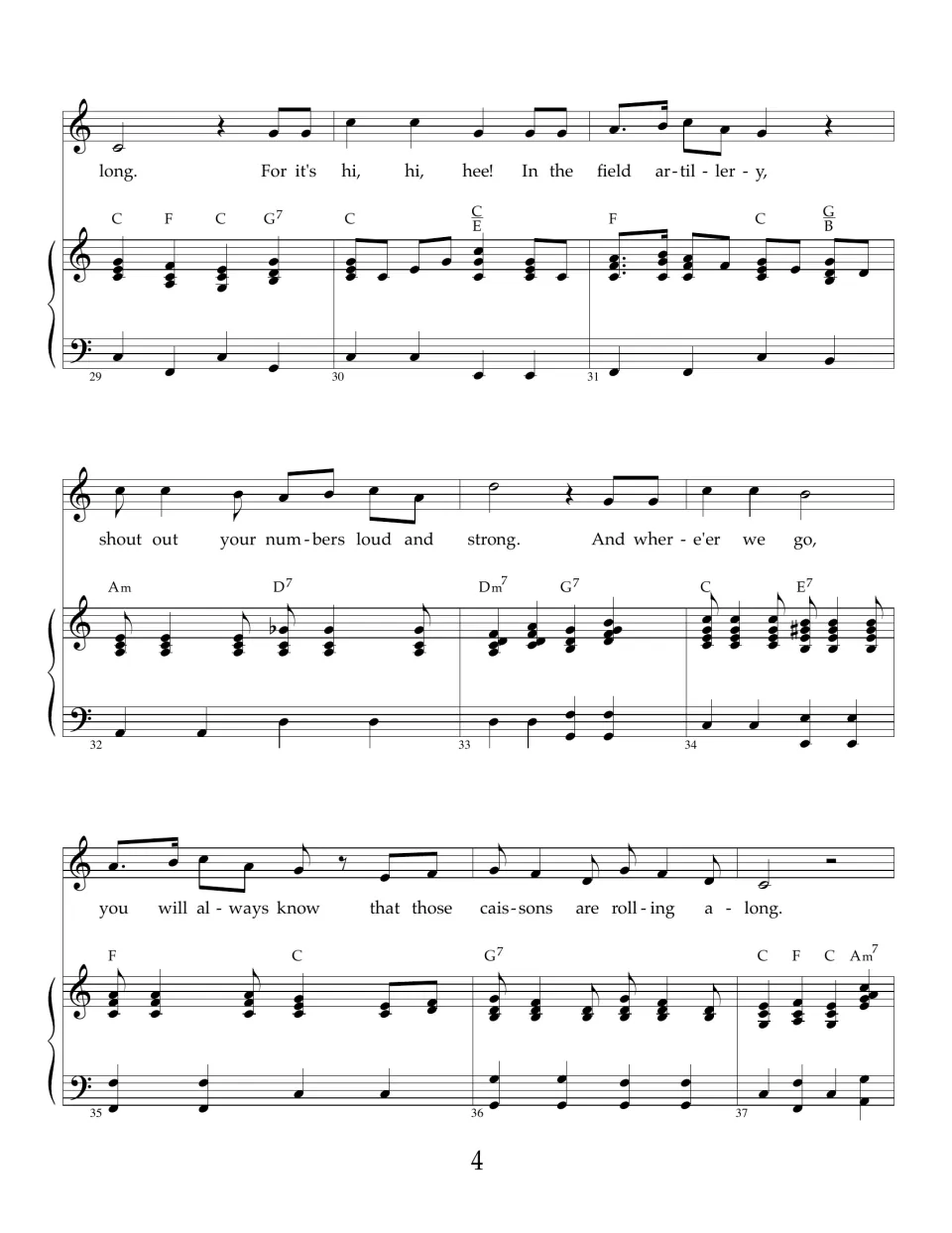 Caissons song finish, bars 29-37: "For it's hi, hi, hee! In the field artillery" through "caissons are rolling along"