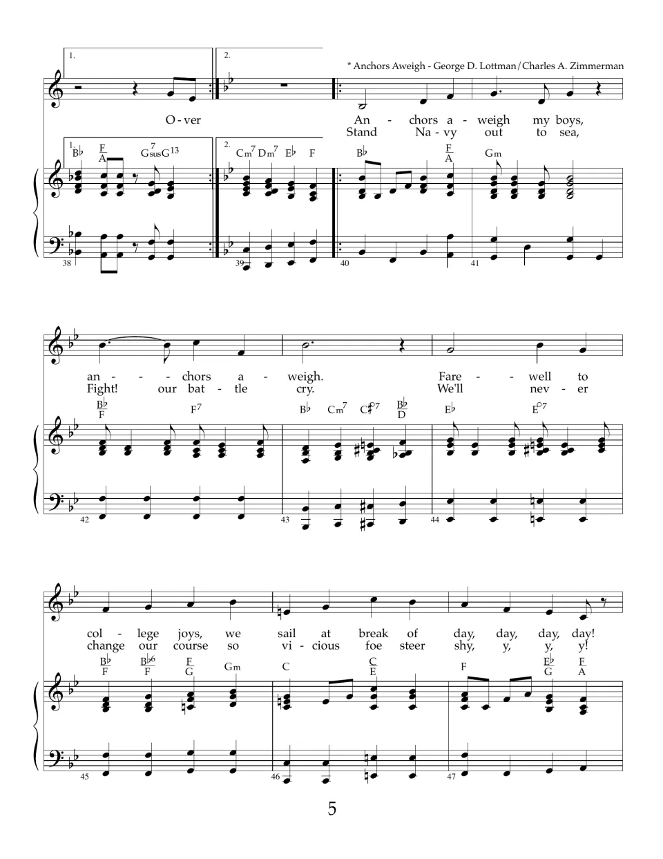 Anchors Aweigh starts in B-flat at bar 40: two lyric verses from "Anchors aweigh my boys" with piano accompaniment