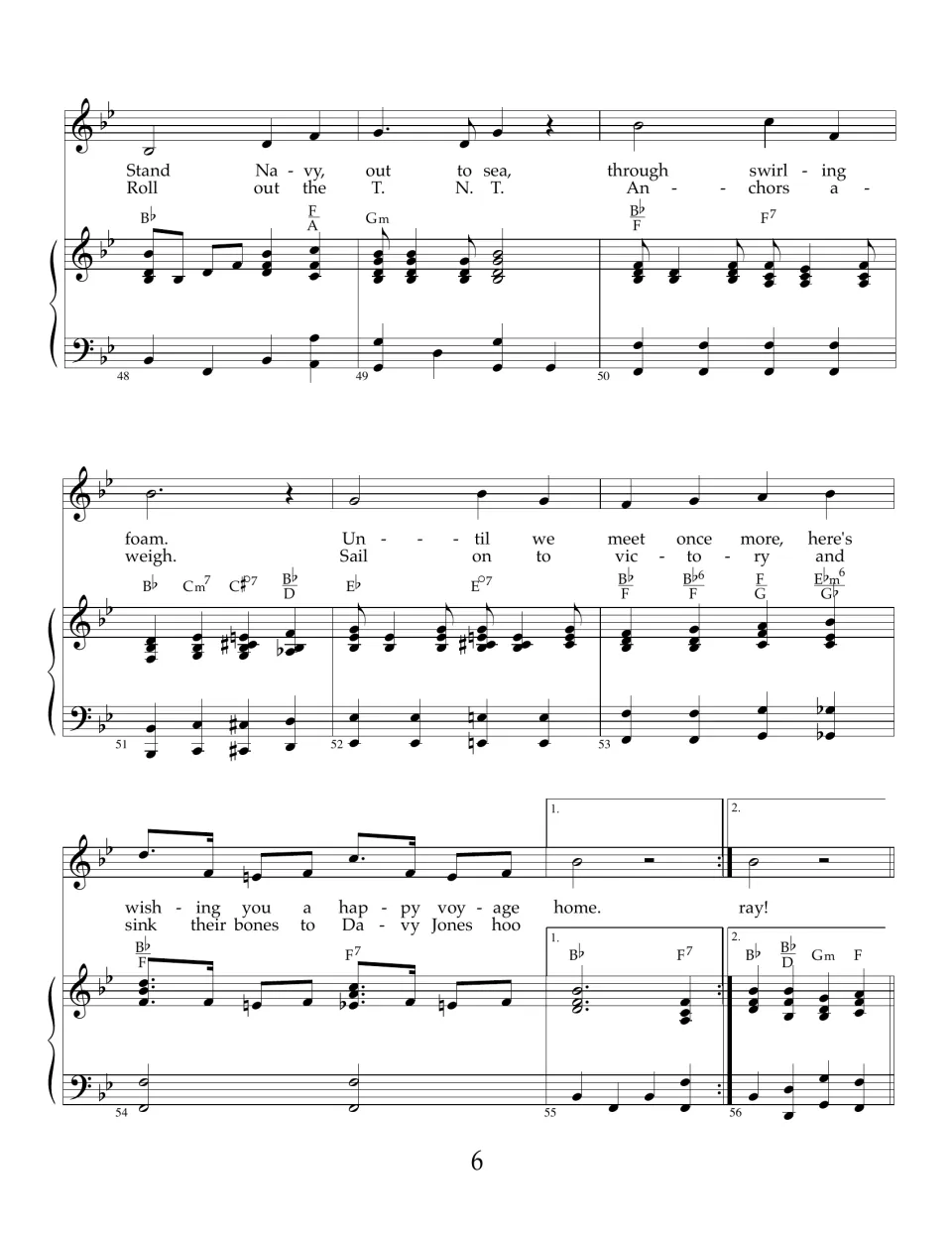 Anchors Aweigh ending, bars 48-56: "Stand Navy, out to sea" through "happy voyage home" with first and second endings