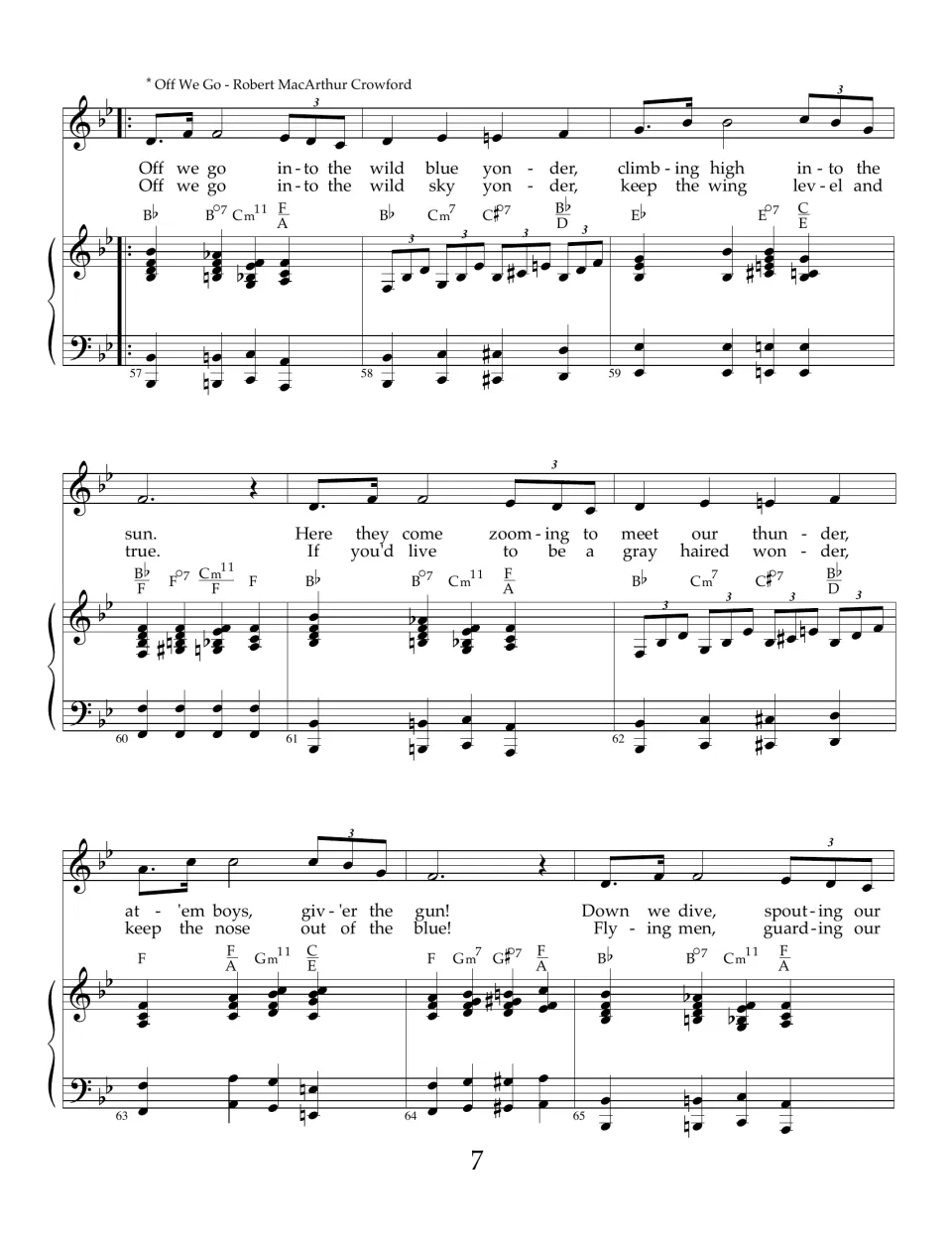 Off We Go, the Air Force song, opens at bar 57: two lyric verses from "Off we go into the wild blue yonder" with piano