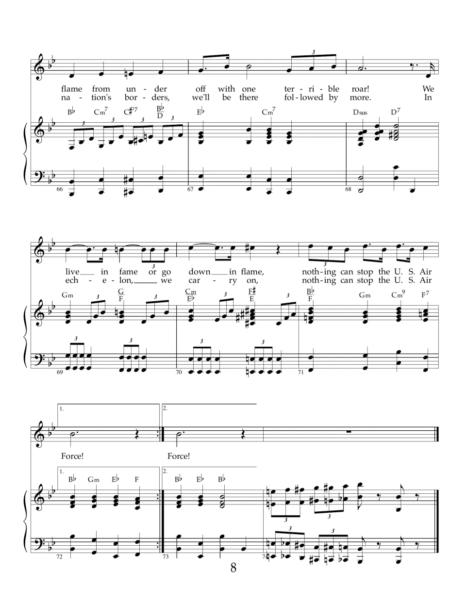 Air Force song close, bars 66-74: lyrics end "nothing can stop the U.S. Air Force!" followed by a short piano ending