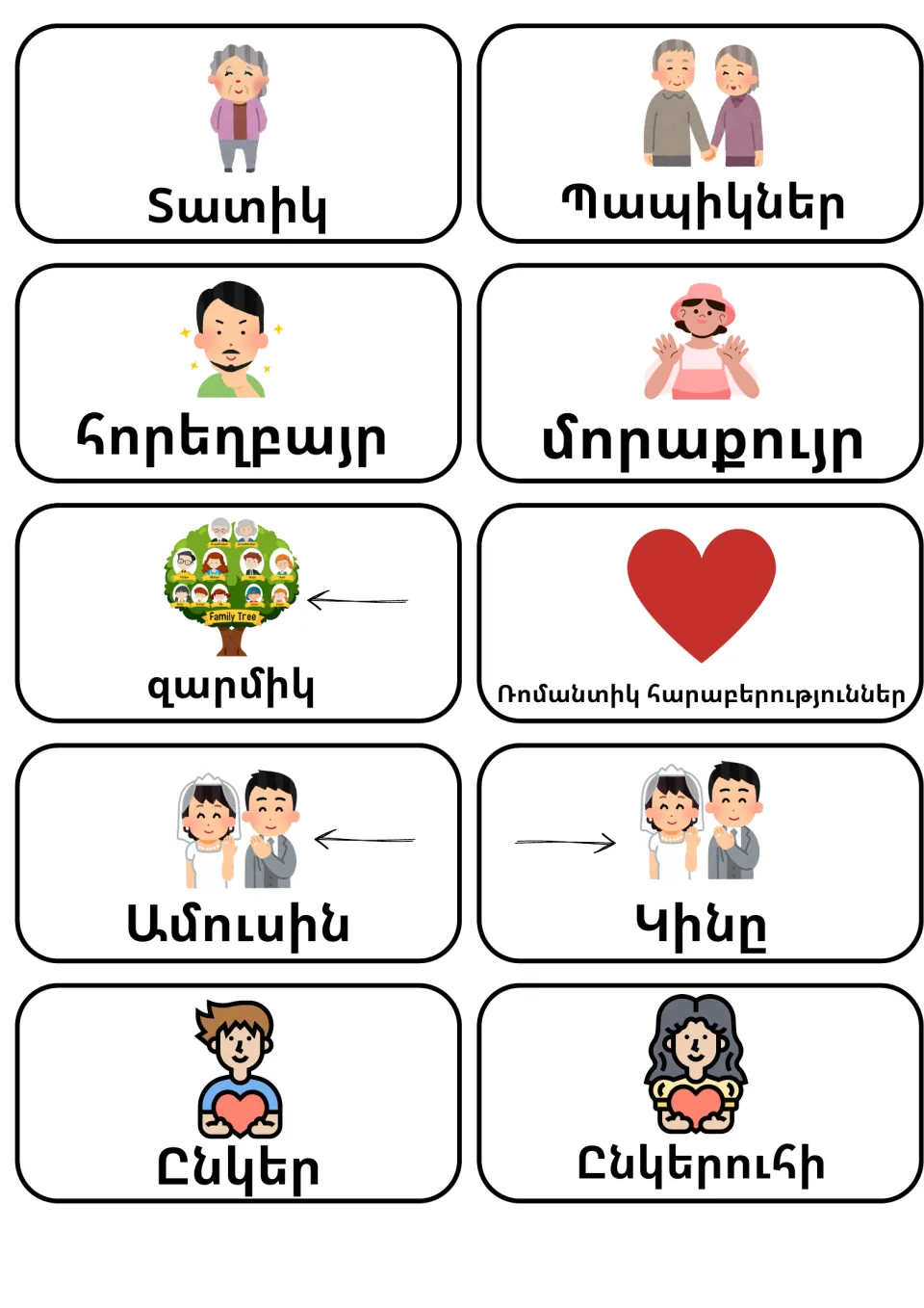 Armenian relative and partner words: 10 picture cards for grandma, grandparents, uncle, aunt, cousin, husband, wife