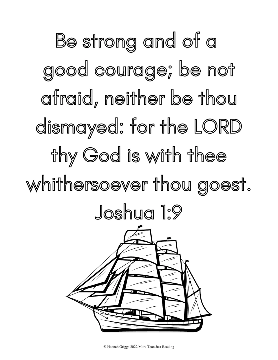 Joshua 1:9, Be strong and of a good courage, in hollow letters to color in, with a tall sailing ship drawn below