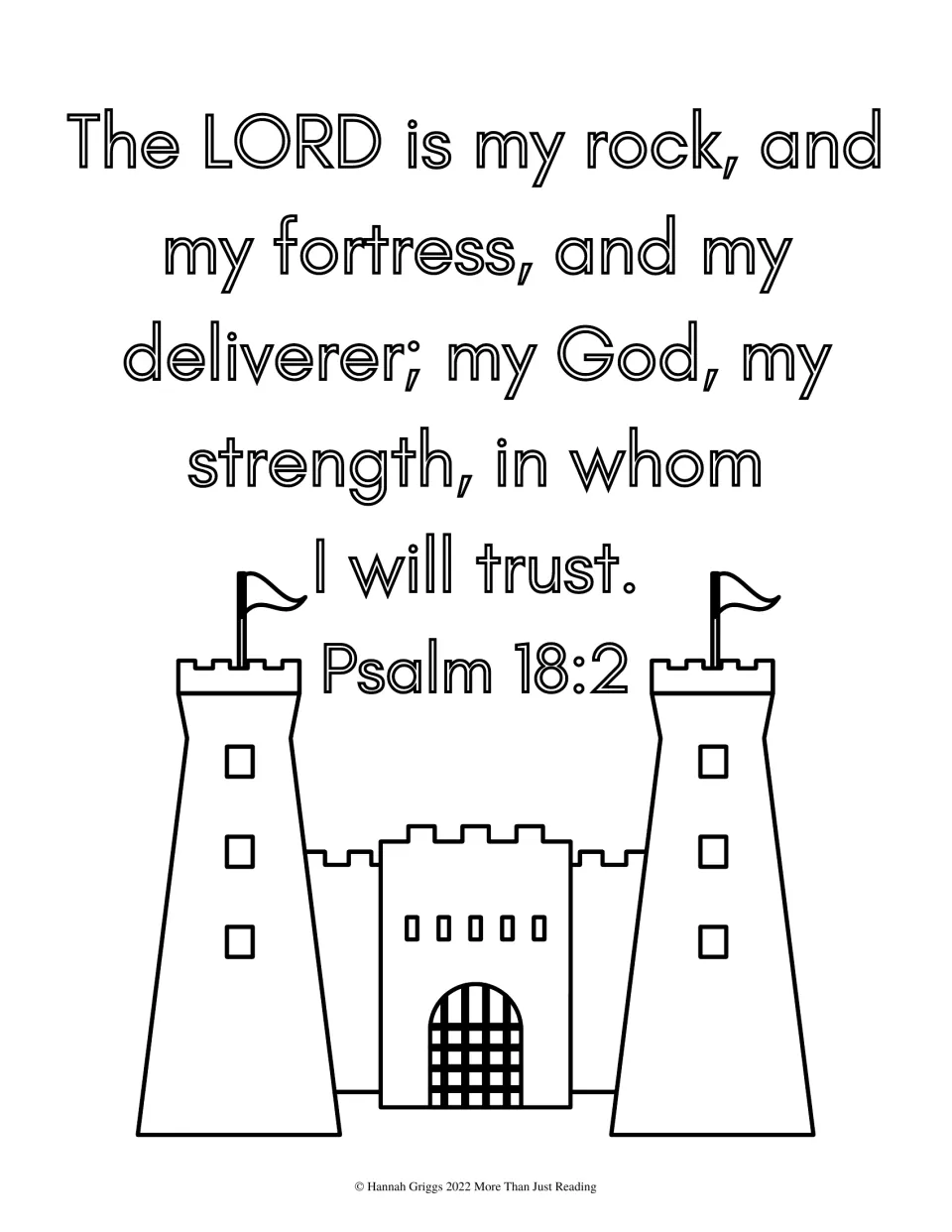 Psalm 18:2, The LORD is my rock, and my fortress, in outline lettering; children color the verse and a two-tower castle