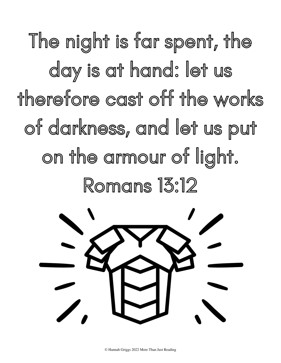Romans 13:12, let us put on the armour of light, in outlined text for coloring, above a breastplate with light rays