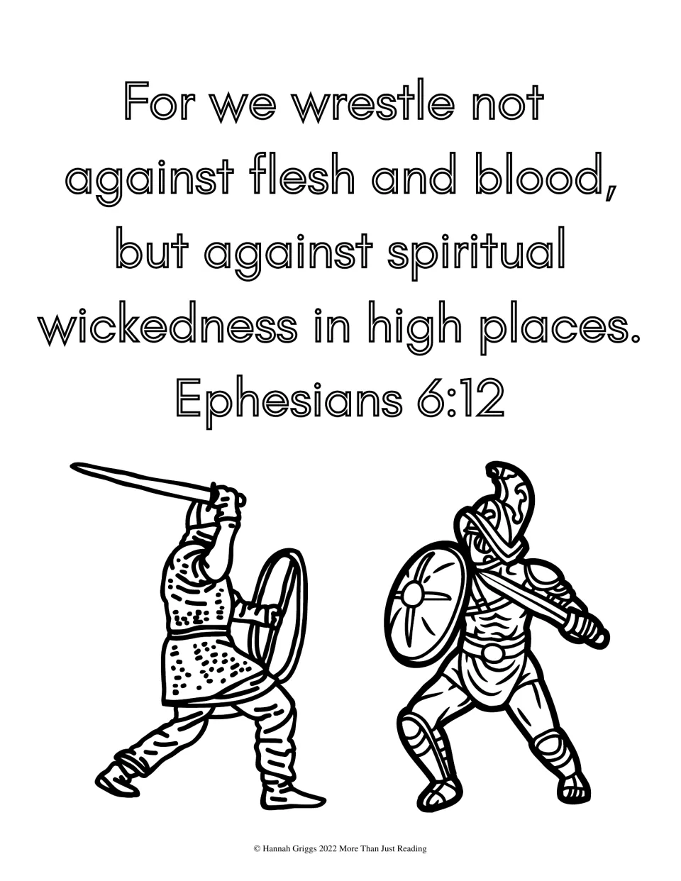 Ephesians 6:12, For we wrestle not against flesh and blood, in outline type; students color two sword fighters